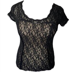 Victoria’s Secret Black Lace Blouse Floral Scoop Neck Lined Zip Office Formal